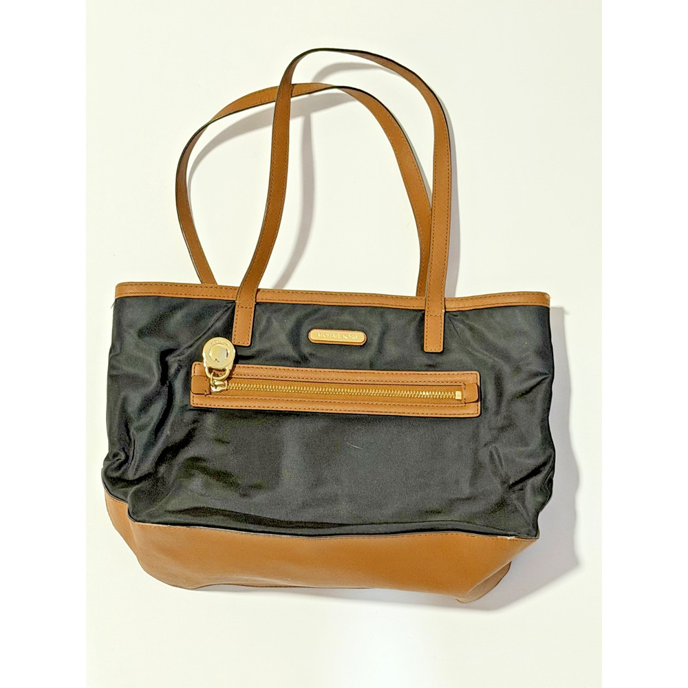 Michael Kors Nylon Tote Bag Black Tan Leather Trim Gold Hardware